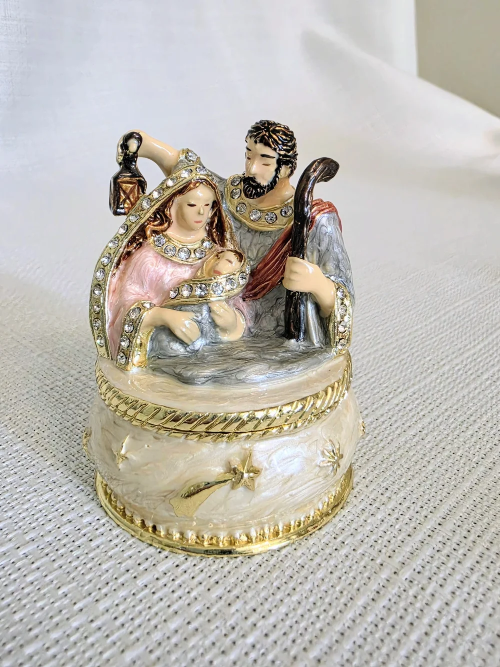 Nativity Hinged Trinket Box Enamel Rhinestones Holy Family Christmas 2.5x2 In